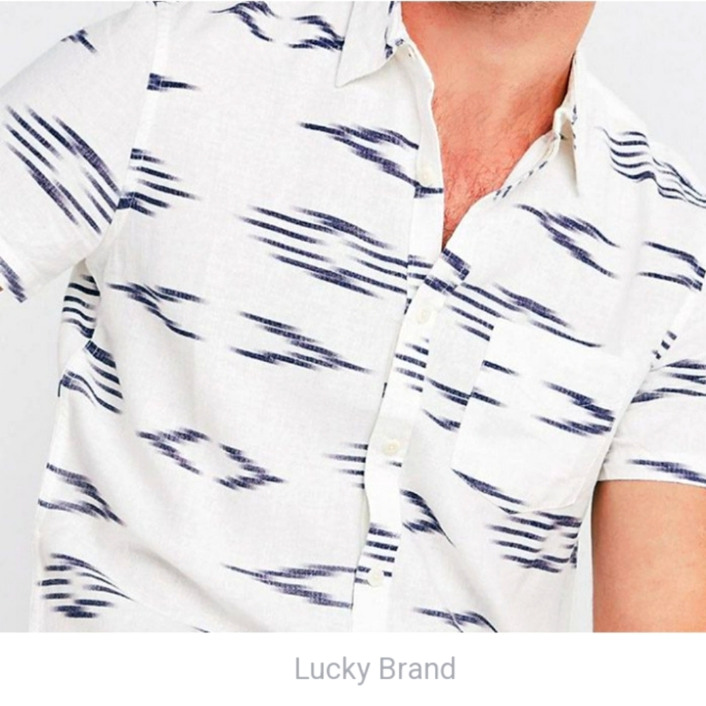 Lucky Brand Mens Linen Short Sleeve Button Down Shirt Size M Indigo Blue Aztec